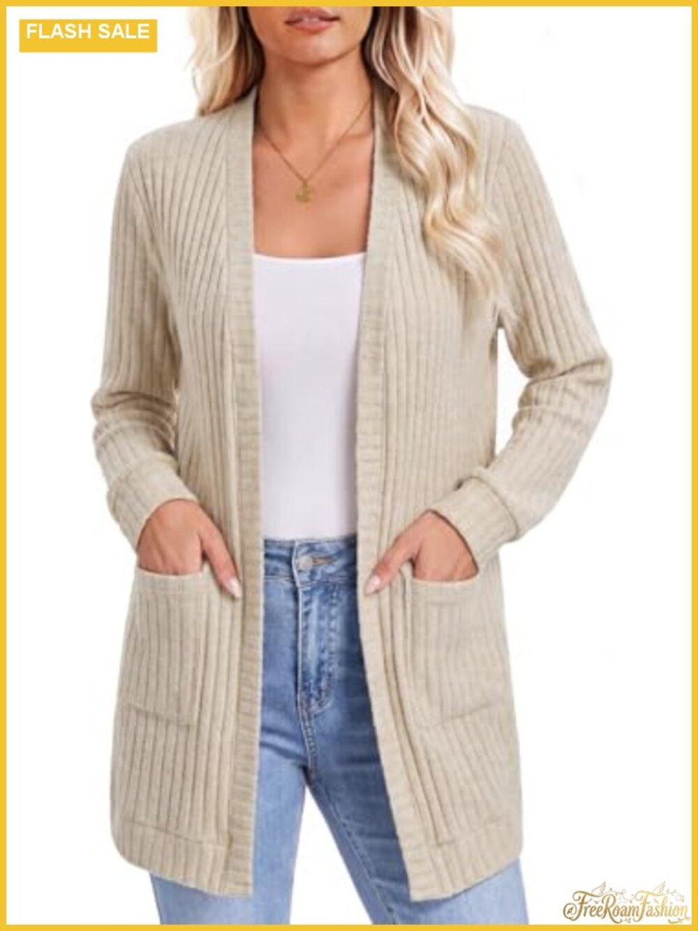 HOTGIFT Cardigan Long Sleeve Open Front Lightweight Knit with Pockets